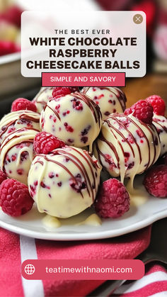 white chocolate raspberry cheesecake balls on a plate