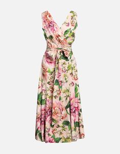 This Dolce & Gabbana shift wrap Sleeveless maxi dress boasts a rich silk-chiffon fabric and intricate multicolor floral print, giving it luxurious look. The waist belt tie cinches around for an alluring feminine shape, while delicate lace detailing on chest adds refined finish. Mother Of Groom Outfits, D&g Dress, Chiffon Wrap Dress, Dress Light Pink, Satin Belt, Silk Chiffon Fabric, Womens Long Dresses, Chiffon Wrap, Casual White Dress