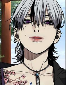 an anime character with grey hair and purple eyes wearing a black shirt, necklace and earrings