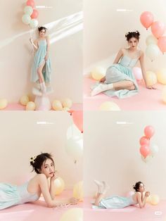 a woman sitting on the ground with balloons in front of her and posing for pictures