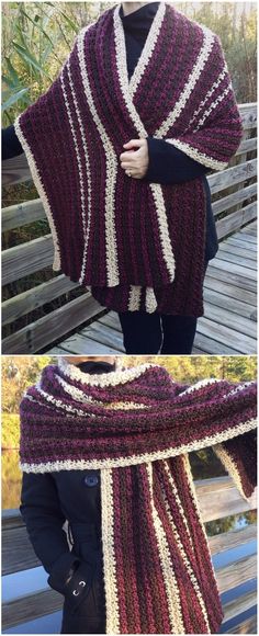 a woman wearing a purple and white crocheted shawl on top of a wooden bench