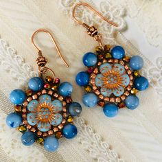 Cornflower Blue Beaded Earrings Bead Dangle Earrings - Etsy Artisan Blue Beaded Round Earrings, Artisan Blue Beaded Earrings, Blue Round Bead Copper Jewelry, Blue Copper Round Bead Jewelry, Blue Copper Round Beads Jewelry, Artisan Blue Beaded Earrings With Colorful Beads, Turquoise Beaded Copper Earrings, Blue Beaded Copper Jewelry, Turquoise Czech Glass Beaded Earrings