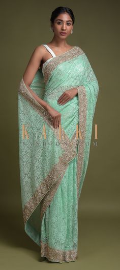 Buy Online from the link below. We ship worldwide (Free Shipping over US$100)  Click Anywhere to Tag Turq Saree In Net With Thread And Cut Dana Embroidered Paisley Pattern Online - Kalki Fashion Turq saree in net with thread, kundan and cut dana embellished paisley pattern.Border enhanced with zardozi, pita zari and sequins work. Designer Saree, Bridal Saree, Saree Styles, Paisley Pattern, Saree Wedding