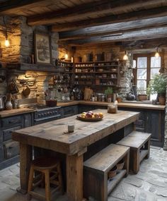 a rustic kitchen with an island table and stools