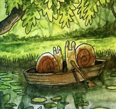 a watercolor painting of two snails in a boat on the river with lily pads