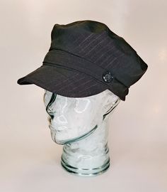 FREE SHIPPING This classic engineer shaped hat has a band with vintage buttons and is made from a striped denim.  It's perfect for history-bounding or everyday wear! The soft brim shapes to your head shape and therefore, is the perfect shape for you!  This hat is a small and fits a 7 (56 cm )head It's very important to measure your head correctly.  There are a few things that you need. Please visit our website www.littlehatshop.com , Measuring Heads Page for more information. *A flexible measuri Vintage Adjustable Brimmed Baseball Cap, Retro Adjustable Brimmed Baseball Cap, Adjustable Vintage Cloche Hat, Engineer Hat, Peaky Blinders Hat, History Bounding, Vintage Style Hat, Navy Hat, Victorian Hats