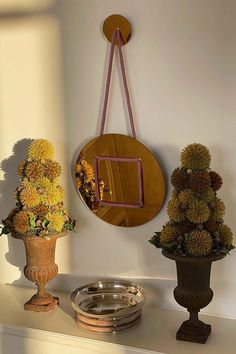 three vases with yellow flowers are on a shelf next to a mirror and potted plants