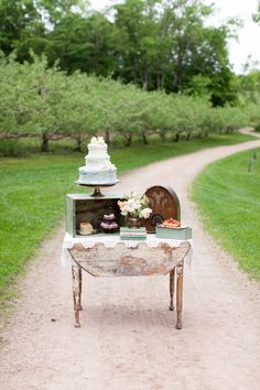 a table with cake and cupcakes on it in the middle of a dirt road