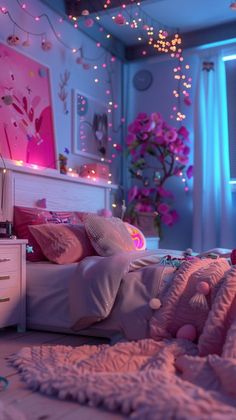 a bedroom decorated in pink and white with lights on the ceiling, bedding and pillows