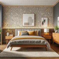 a bedroom with a bed, dressers and pictures on the wall behind it in shades of grey