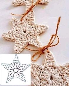 three crocheted star ornaments tied together with twine