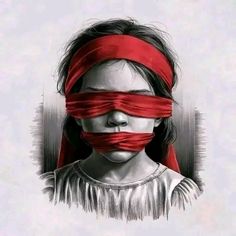 a drawing of a girl with red tape wrapped around her head and eyes, covering her face