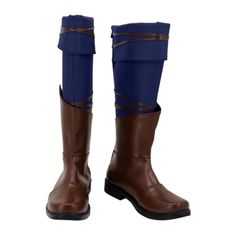 a pair of brown and blue boots with straps on the bottom, one is closed