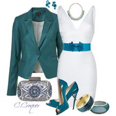 White & Teal, created by ccroquer on Polyvore Teal Shoes, V Neckline Dress, Stylish Work Attire, Neckline Dress, Dress Gold, Matthew Williamson, Street Style Chic, Gold Bangle Bracelet, Professional Outfits