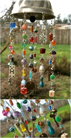 a wind chime with many different colored beads hanging from it's side and on the outside