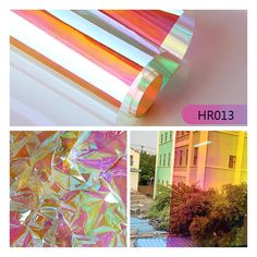 three pictures with different colored foils on the outside and in the inside, there is an image of a building