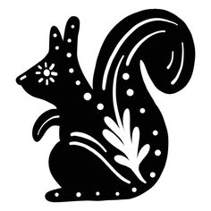 a black and white silhouette of a squirrel with snowflakes on it's tail