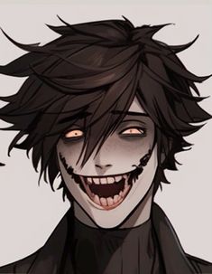 an evil looking man with black hair and fangs on his face is smiling at the camera