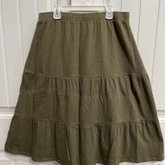 Tiered Gauze (Wrinkled Look) Olive Midi Skirt, Women's Size Medium, Equivalent To Size 14. Length From Waist To Bottom Of Skirt Is Approximately 29". Material Is Listed As Cotton/Spandex/Other. Skirt Is A Single Layer, No Lining. Item Is In Excellent Condition, I Purchased This Item And Only Washed It But Have Never Worn It. Gauze Skirt, Gauze Skirts, Women Skirts Midi, Cotton Spandex, Denim Women, Midi Skirt, Womens Skirt, Style Inspiration, Womens Sizes