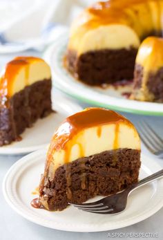 a piece of cake with caramel drizzled on top is being held by a fork