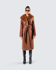 She’s chic or whateva 😚 Made from wool with a faux fur collar, this sophisticated yet sassy brown coat will instantly elevate any look you pair it with 🤎 Brown Long Fur Coat For Work, Elegant Brown Winter Outerwear, Chic Long Faux Fur Coat, Chic Wool Coat With Faux Fur Lining For Winter, Chic Cold Weather Fur Coat With Faux Fur Trim, Chic Mink Outerwear With Faux Fur Lining, Chic Brown Fur Coat For Fall, Chic Mink Color Outerwear With Faux Fur Lining, Chic Mink-colored Outerwear With Faux Fur Lining