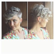 short n silver Curly Pixie Haircuts, Grey Curly Hair, Short Curly Haircuts, Short Grey Hair, Edgy Short Hair, Hair With Bangs, Penteado Cabelo Curto, Short Hair Haircuts, Short Hair With Bangs