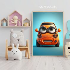 an orange car with big eyes is in the children's room