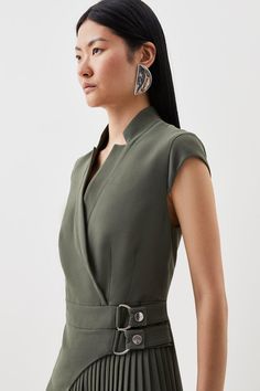 Sculpted From Sleek Tailored Crepe Fabric, This Mini Dress Offers A Concise Cut With The Artfully-Contrasted Addition Of A Sharply Pleated Side Panel. This Piece Has A Notched Neckline That Wraps The Silhouette, Secured With A Double-Buckled Side Tab.Notched V-Neckwrap Fitembellished Side Tabpleated Panelmini Lengththis Garment Is Ready For The Futureit Is Made With Recycled Polyester.Find Out More About Our Material Goalsready For The Future Guidelines Tailored Clothes, Notched Neckline, Pleated Mini Dress, Khaki Dress, Neck Wrap, Mini Wrap Dress, Karen Millen, Crepe Fabric, Trim Detail