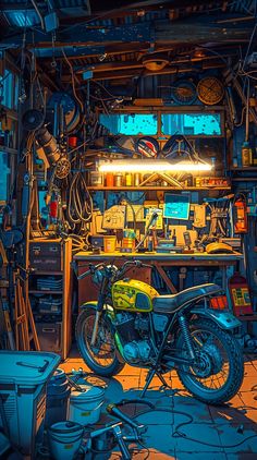 a motorcycle is parked in front of a workbench