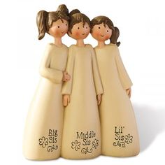 three ceramic figurines that say, i'll be siss and 3 sisters