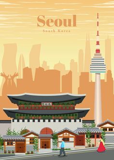 'Travel to Seoul' Poster by Studio 324 | Displate Seoul Travel Poster, Vintage Korean Poster, Seoul Postcard, Korea Poster Design, South Korea Wallpaper, South Korea Poster, Korea Painting, Travel To Seoul, Seoul Illustration