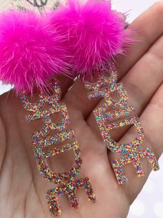 Original design, laser cut acrylic earrings on nickel free hooks. Pompom Earrings, Laser Cut Earrings Acrylics, Glitter Acrylics, Pink Rainbow, Laser Cut Acrylic, Acrylic Earrings, Original Design, Orlando, Jewelry Earrings Dangle