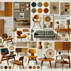 Interior Design Ideas, mood boards for various styles Modern Retro Mood Board, Interior Design One Room Apartment, 50 Interior Design, Japandi X Mid Century Modern, Mcm Mood Board, Orange Color Interior Design, Mid Century Modern Moodboard, Office Mood Board Interior Design, Mcm Color Palette