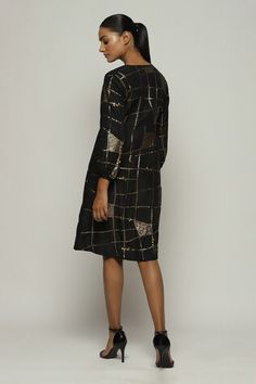 Black dress with sequin, thread embroidery in tribal checks pattern. - Aza Fashions Festive Fitted Dresses With Geometric Embroidery, Traditional Fall Party Dresses, Elegant Festive Dresses With Geometric Embroidery, Fitted Embroidered Dress With Mirror Work For Party, Check Dresses For Women, Checks Pattern, Thread Embroidery, Fashion App, Embroidered Silk