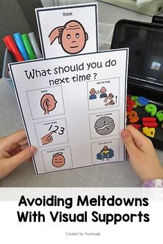 hands holding up two cards with the words, avoiding meltdowns with visual supports