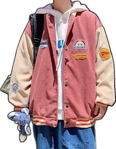 Casual Hooded Varsity Jacket With Button Closure, Casual Stand Collar Outerwear For College, Casual Collared Outerwear For College, Casual Long Sleeve Corduroy Outerwear, Casual Brown Cotton Varsity Jacket, Pink Corduroy Outerwear With Pockets, Casual Winter Varsity Jacket With Collar, Casual Collared Varsity Jacket For Winter, Casual Winter Collared Varsity Jacket