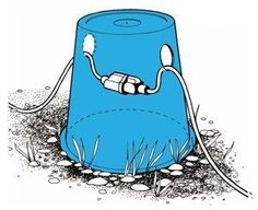 an image of a blue trash can that is plugged into the ground with wires attached to it