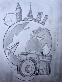 a pencil drawing of a camera and the earth with buildings on it, as well as an eiffel tower