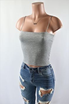 Size: L, Color: Gray Kendall Jenner Style Casual, Basic Crop Top, Spaghetti Strap Crop Top, Grey Crop Top, White Heather, Strap Crop Top, Concert Outfits, Jenner Style, Stage Costume