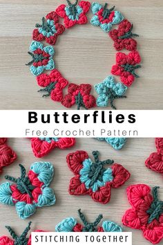 crocheted butterflies are arranged in the shape of a wreath with text overlay that says, free crochet pattern