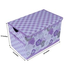 a purple and white checkered storage box with flowers on the front, measurements for each drawer