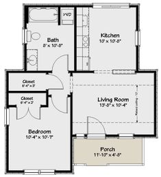 the floor plan for a two bedroom house with an attached bathroom and living room area