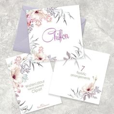 three cards with flowers on them and the word thillon written in purple ink