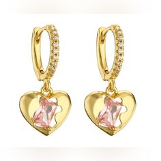 Mome Heart Earrings In Cubic Zirconia Stone Adds That Little Something Extra To Your Look With Its Playful Design. - 14k Gold Plated - Size: 12mm X 23.2mm Pink Heart Charm Hoop Earrings For Valentine's Day, Pink Hoop Earrings With Heart Charm For Valentine's Day, Pink Heart Charm Huggie Jewelry, Pink Huggie Jewelry With Heart Charm, Pink Huggie Heart Earrings For Valentine's Day, Pink Huggie Heart Earrings As Gift, Pink Heart Huggie Earrings For Valentine's Day, Pink Double Heart Jewelry With Matching Earrings, Pink Pierced Heart Earrings For Anniversary