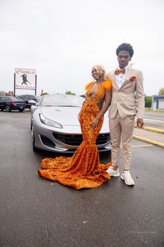 Black And Orange Prom Couple, Orange Prom Dress With Date, Orange Prom Dresses Black Women, Orange Prom Couple, Senior Year Pictures, Orange Prom Dresses, Prom Couples, Prom Inspo, Prom 2024