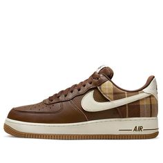 Nike Air Force 1 Low 'Cacao Plaid' DV0791-200 Sporty Brown Sneakers With Rubber Waffle Outsoles, Brown Sneakers With Cushioned Footbed For Streetwear, Nike Brown Sneakers With Abzorb Midsole, Brown Synthetic Sneakers With Rubber Waffle Outsoles, Brown High-top Nike Air Force 1 For Streetwear, Nike Brown Lace-up Sneakers, Brown Nike Lace-up Sneakers, Brown Casual Custom Sneakers For Streetwear, Casual Brown Custom Sneakers For Streetwear