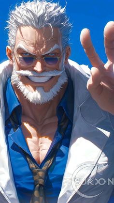 an animated man with white hair and glasses making the vulcan sign