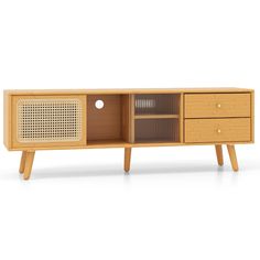 the sideboard is made from wood and has two drawers, one with an open door