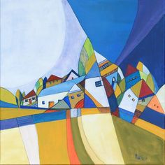 an abstract painting of houses and hills with blue sky in the backgrouund