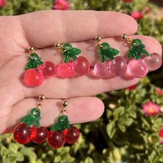 Handmade glass bead charm earrings. Cute Cherry Dangle Jewelry, Cute Clear Dangle Earrings, Fruit Jewelry, Handmade Glass Beads, Beaded Dangle Earrings, Summer Accessories, Beaded Dangles, Charm Earrings, How To Make Beads